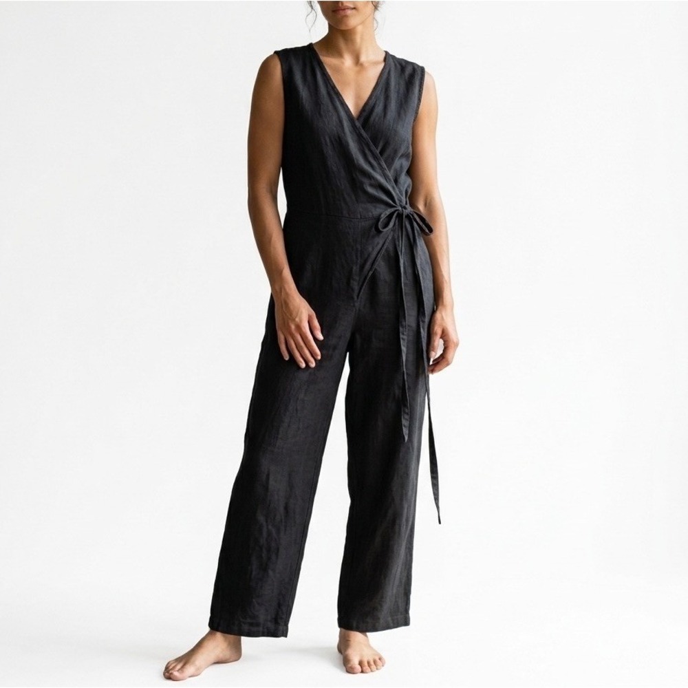 Conscious Clothing Linen Wrap Tie Jumpsuit Romper Black Sz M USA Minimalist Boxy